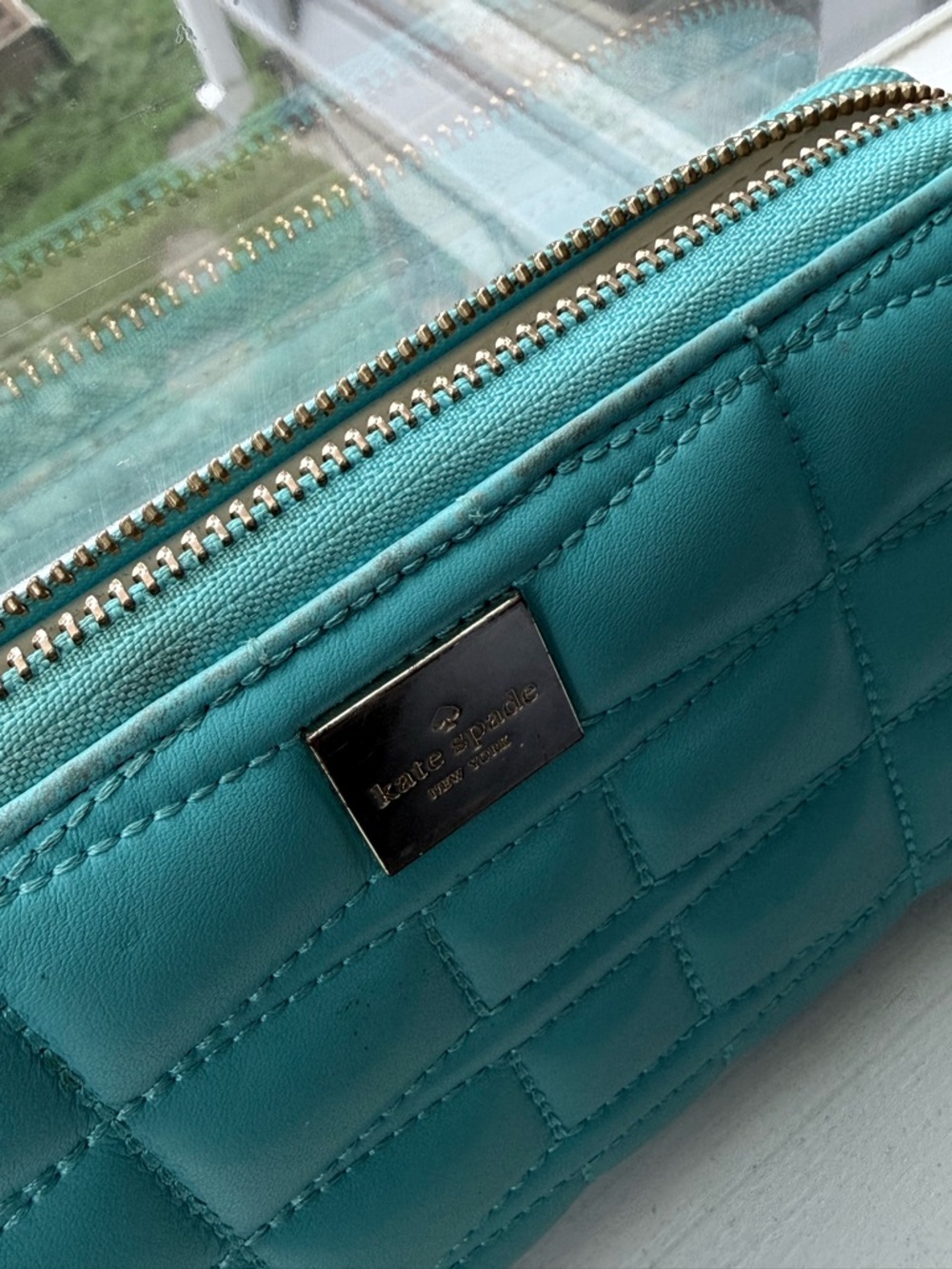 kate spade Teal Quilted Zip Wallet with Logo Plaque - Picture 6 of 13